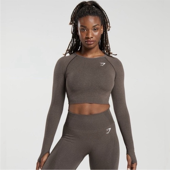 Gymshark Tops - Gymshark Dark Brown Long Sleeve Crop Top